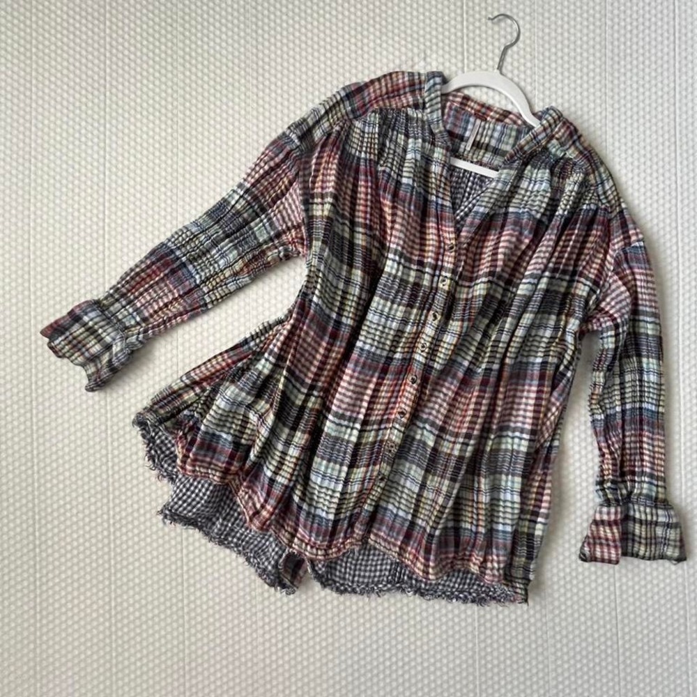 Free People gauze plaid peasant top boho babydoll blouse Size S festival flowy